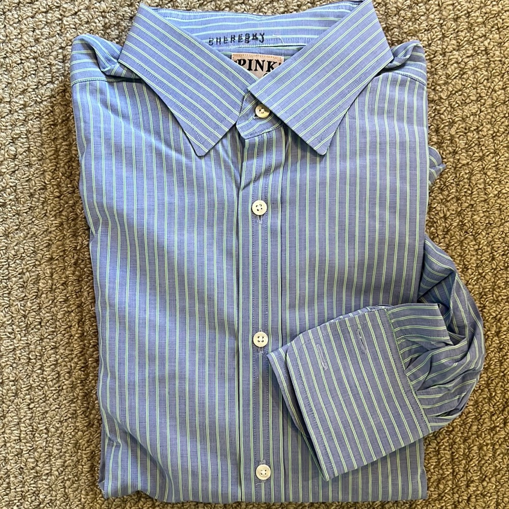 Pink, Thomas Pink blue/ green stripe button down shirt 16 1/2” 34”